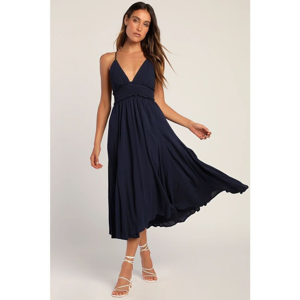 Lulus Essentially Elegant Navy Blue Sleeveless Backless Midi Dress Size M New